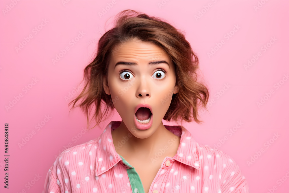 Portrait of impressed speechless young girl open mouth staring cant believe isolated on pink background - obrazy, fototapety, plakaty 
