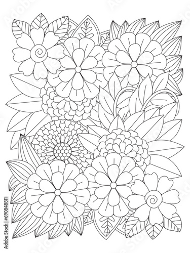 Black and white flower pattern for coloring. Doodle floral drawing. For adults and kids.