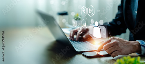 Fototapeta Naklejka Na Ścianę i Meble -  Customer Relationship Management, global structure network technology, data exchanges customer connection, Customer relationship management, Client service, digital marketing and social network.