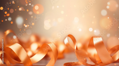 Abstract background with confetti on orange ribbons on golden light backdrop photo