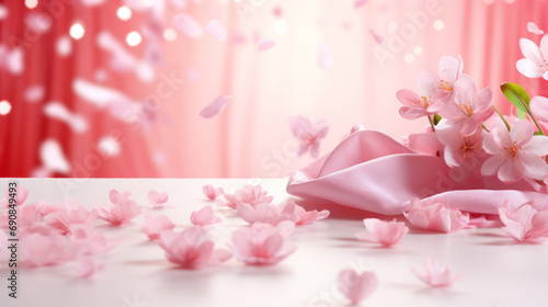 Mockup background with pink flowers and petals on light background