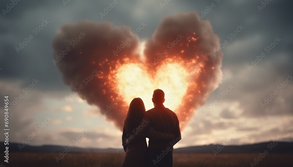 Silhouette of a Couple Embracing in a Field with a Heart-Shaped Firework Explosion in the Dusky Sky