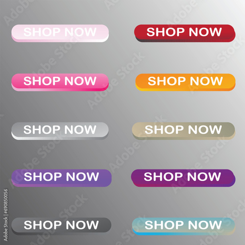 9 set of shop now buttons with cart icon. Buy now button for online shop. Vector illustration.