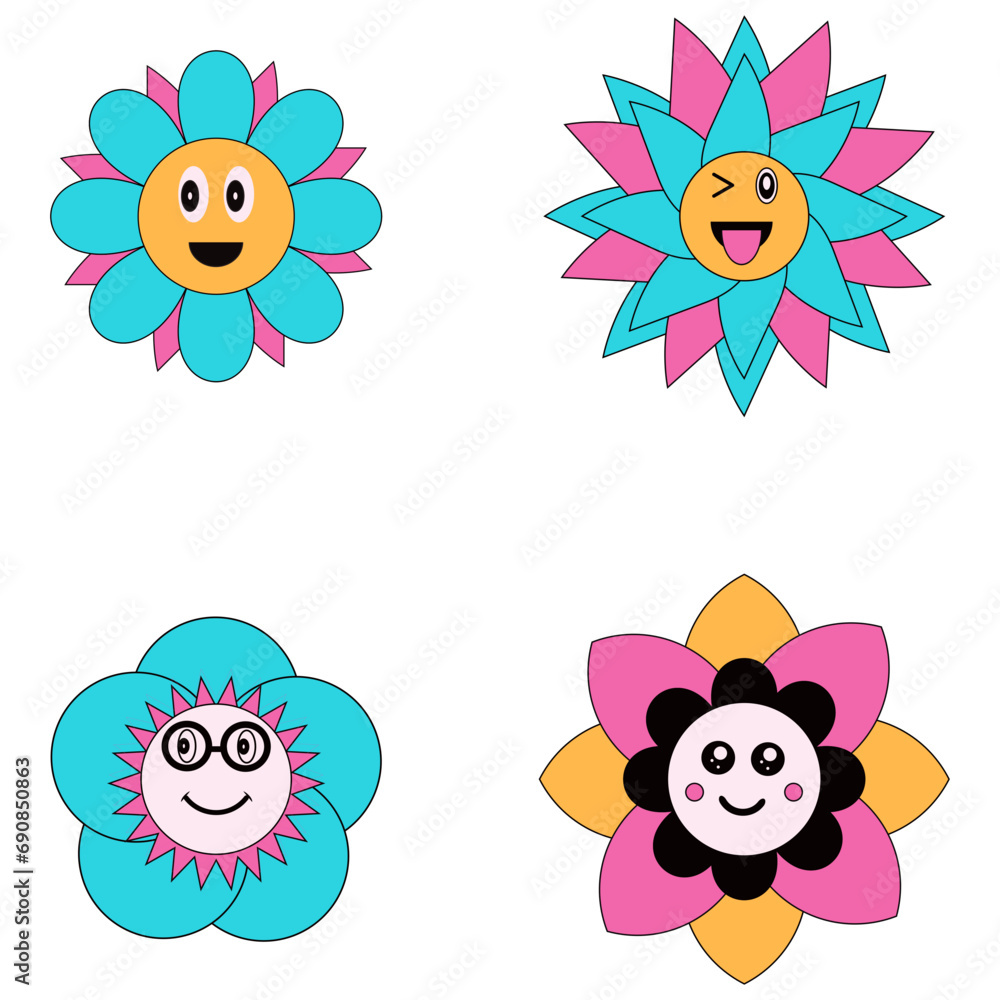 Groovy Flower Retro With Different Shape. Isolated On White Background. Vector Illustration Set. 