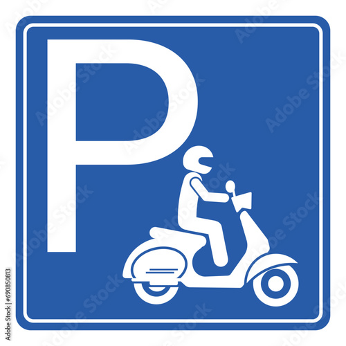 Printable isolated rectangle square blue and white parking area, with illustration pictogram of motor bike, motorcycle, bicycle, vehicle park lot sign