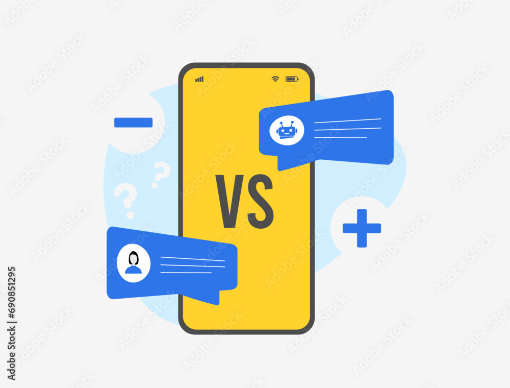 Chatbot vs Real Time Live Chat concept. Pros and Cons for Business. Live chat with human-to-human communication or quick answers and automating responses from AI chatbot. Isolated vector illustration Chatbot vs Real Time Live Chat concept. Pros and Cons for Business. Live chat with human-to-human communication or quick answers and automating responses from AI chatbot. Isolated vector illustration