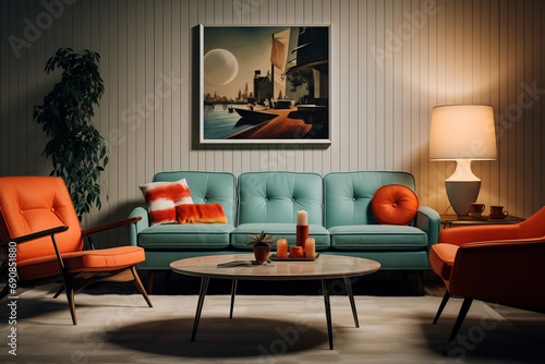 Mid-Century Living Room - Sofa and Orange Chairs