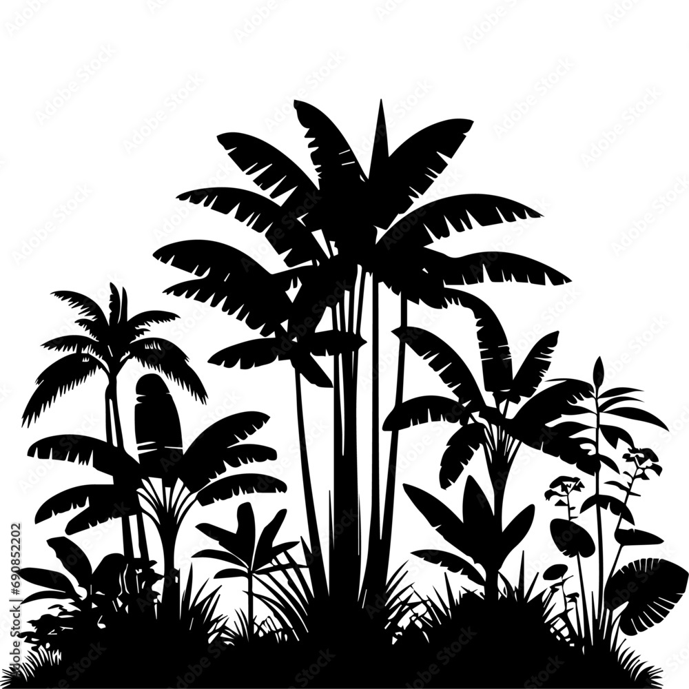 Jungle Tree vector silhouette black color, Jungle Plant vector art illustration