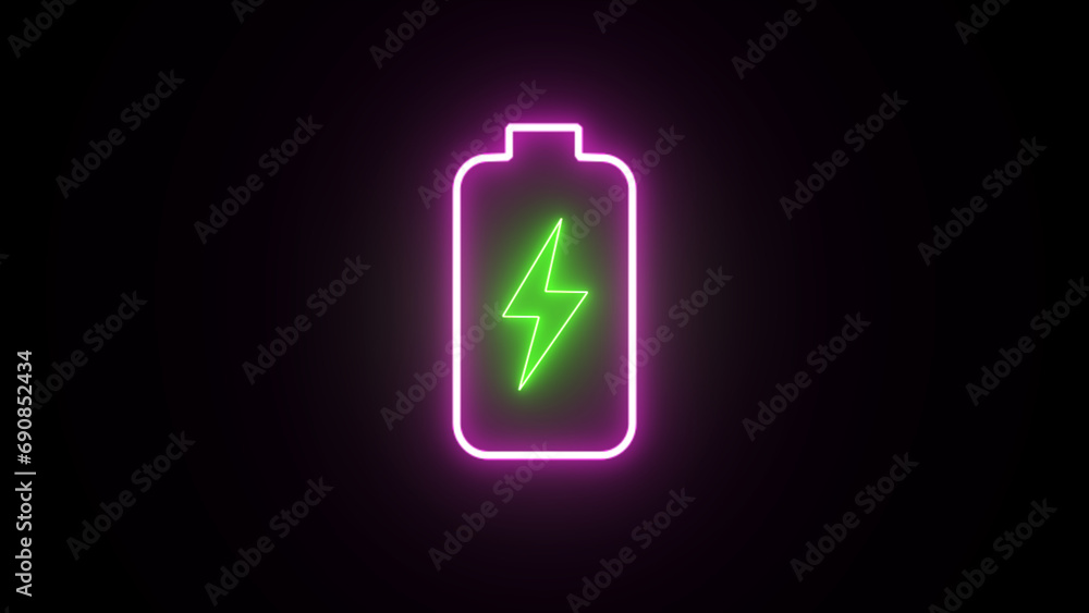 Neon battery sign. Neon glowing battery charging icon. Charger, from low to full cell phone battery. Glowing neon line Battery icon. Neon battery sign. Neon glowing battery charging icon. Charger, from low to full cell phone battery. Glowing neon line Battery icon.