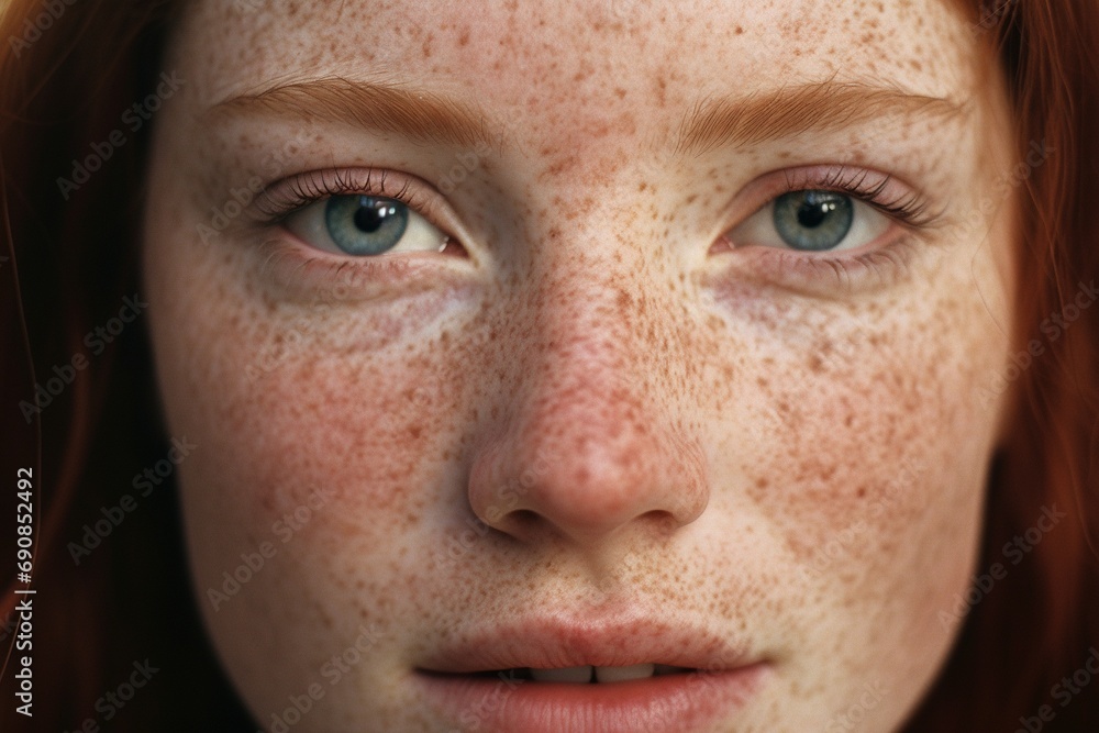 a close up of a woman with freckles,rosacea couperose redness skin a close up of a woman with freckles,rosacea couperose redness skin