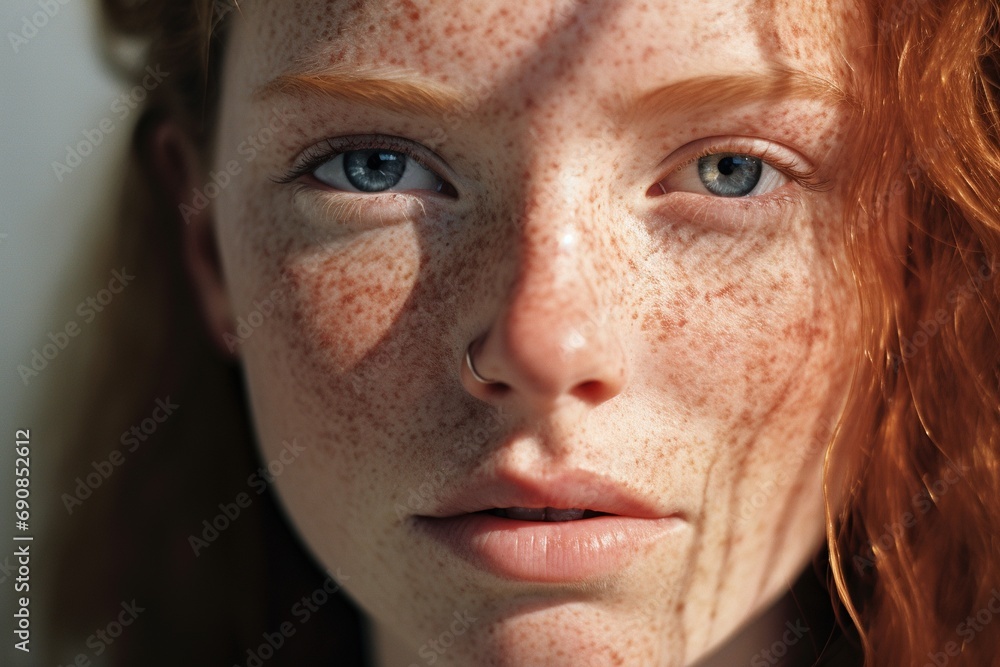 a close up of a woman with freckles,rosacea couperose redness skin a close up of a woman with freckles,rosacea couperose redness skin