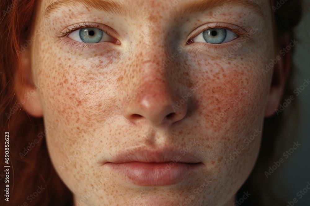 a close up of a woman with freckles,rosacea couperose redness skin a close up of a woman with freckles,rosacea couperose redness skin