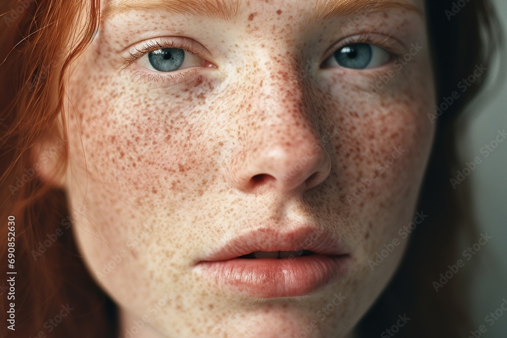 a close up of a woman with freckles,rosacea couperose redness skin a close up of a woman with freckles,rosacea couperose redness skin
