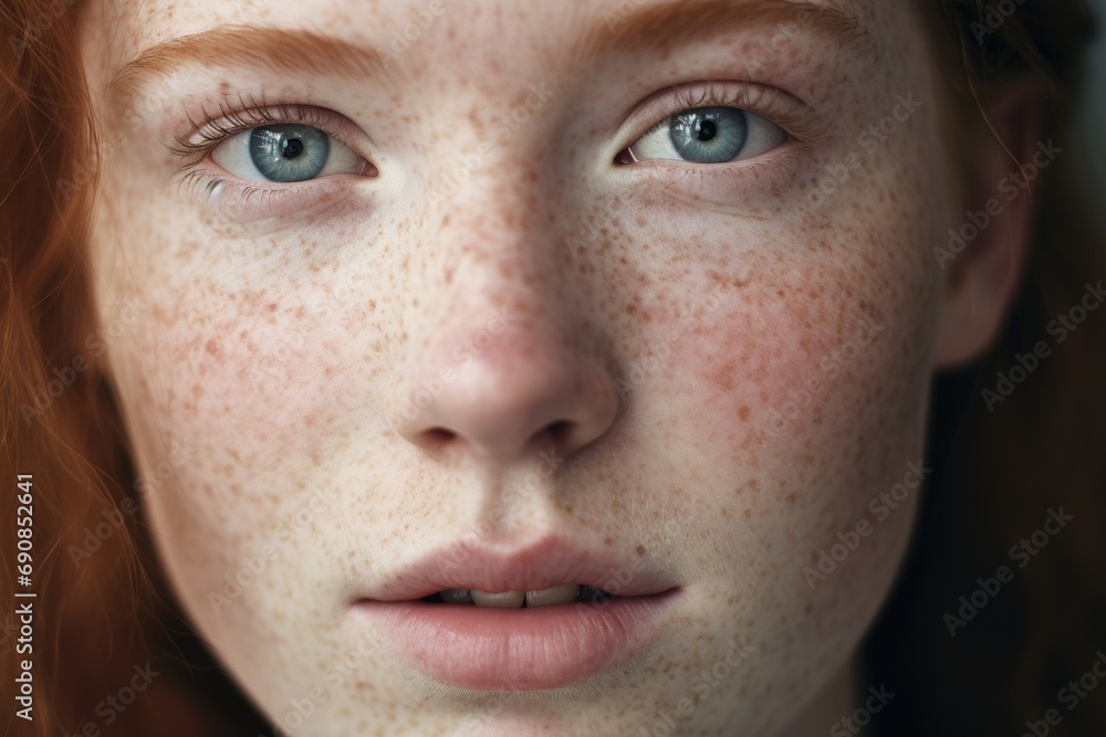 a close up of a woman with freckles,rosacea couperose redness skin a close up of a woman with freckles,rosacea couperose redness skin