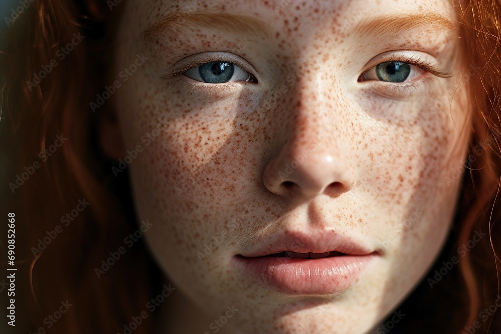 a close up of a woman with freckles,rosacea couperose redness skin a close up of a woman with freckles,rosacea couperose redness skin