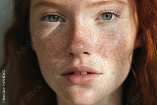 a close up of a woman with freckles,rosacea couperose redness skin