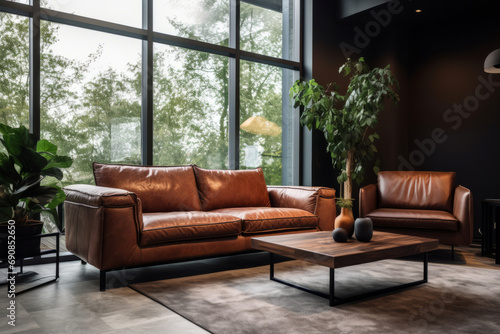 Terra Cotta Leather Sofa and Armchair - Modern Living Room
