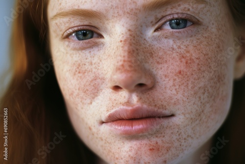 a close up of a woman with freckles,rosacea couperose redness skin © Rudsaphon