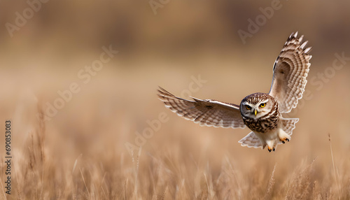The little owl is flying. Nature background.