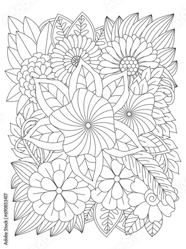Doodles pattern. Vector black and white coloring page for colouring book. Floral pattern for coloring book. 