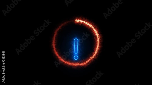 Blue color glowing neon line circle with exclamation mark icon animated on a black background. photo