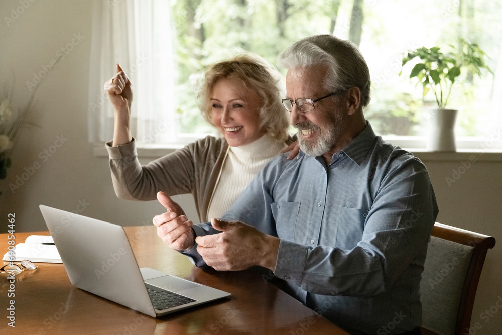 The most devoted supporter. Excited middle aged wife raise hand up celebrate victory in online computer game together with mature husband. Overjoyed spouses pensioners made winning bid at web auction The most devoted supporter. Excited middle aged wife raise hand up celebrate victory in online computer game together with mature husband. Overjoyed spouses pensioners made winning bid at web auction