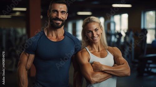 happy couple exercising in gym.Generative ai