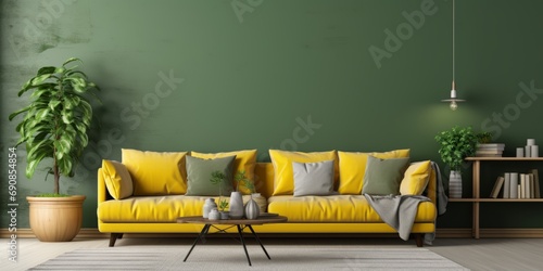 Living room in modern, cozy style with sofa and chair on yellow and green wall background furniture cosy home photo