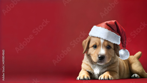 isolated puppy wear santa hat in red background ai generated © XMind