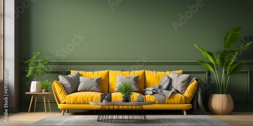 Living room in modern, cozy style with sofa and chair on yellow and green wall background furniture cosy home