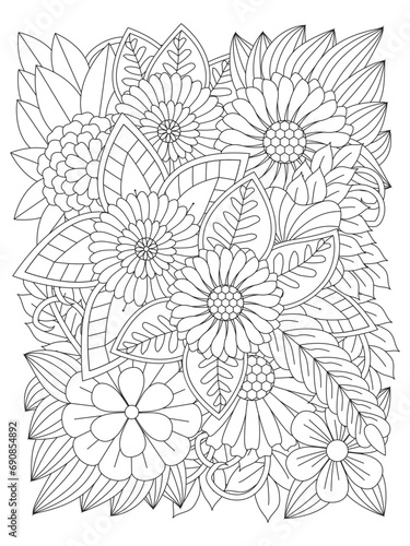 Vector doodle flowers in black and white for coloring pages. Black and white flower pattern for coloring. For adults and kids.