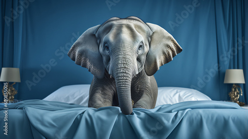 Elephant in blue outfit standing on top of blue bed