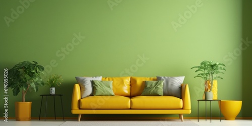 Living room in modern, cozy style with sofa and chair on yellow and green wall background furniture cosy home