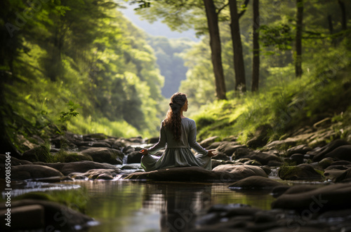 Solitude Amidst the Serene Nature  A Person Meditating on a Rock in a Tranquil Forest Stream