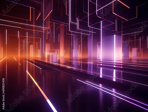 an abstract image of a city street with neon lights. Featuring Technology background, Dynamic design, 3D, abstract, and line concepts