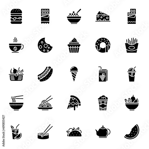 Set of Food and Drink Solid Icon Design Vector. juice, roll, salad, bar, coffee cup, popcorn, pizza, cupcake, taco, burger, cereal, french fries, smoothie, watermelon, ice cream, hot dog, milkshake.