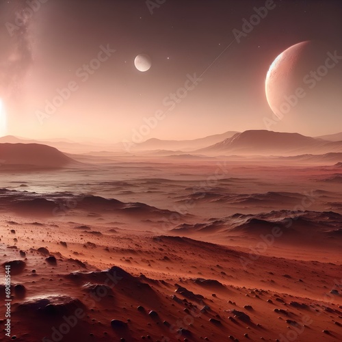 The surface of a rocky planet with other planets   moons visible in the sky.