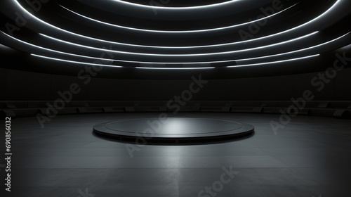 Sleek black circular stage with layered lighting, suitable for presentations and corporate events. AI Generative