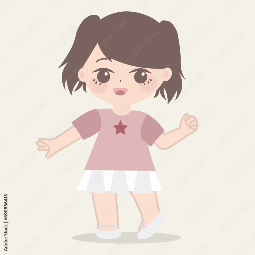 the girl is wearing a pink dress with star print in the middle, in the style of simplistic cartoon, light white and brown, energetic expressions, light red and dark brown, simple, tinycor the girl is wearing a pink dress with star print in the middle, in the style of simplistic cartoon, light white and brown, energetic expressions, light red and dark brown, simple, tinycor