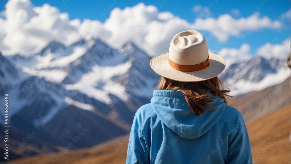 Naklejka premium a girl looks at the mountains, seen from behind. wearing a hat and blue sweater.
