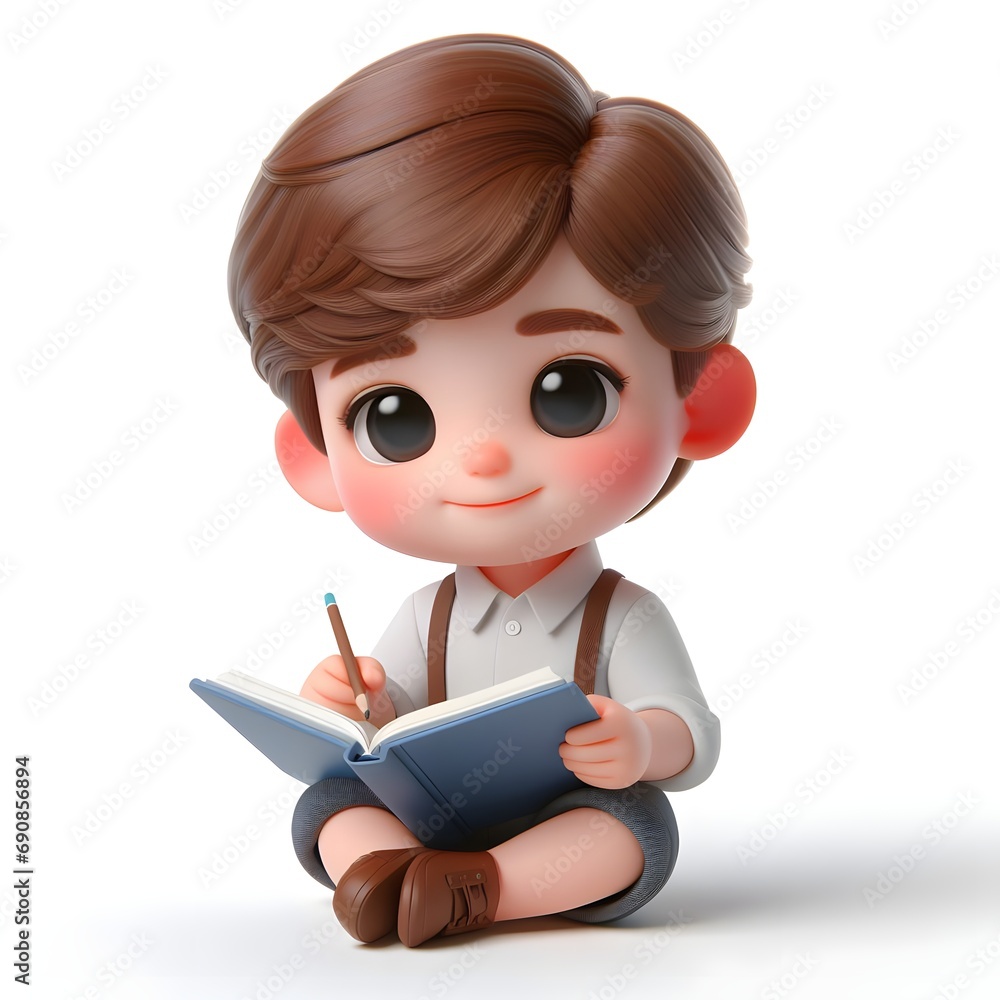 little child reading a book.cartoon 3d character isolated on white background little child reading a book.cartoon 3d character isolated on white background