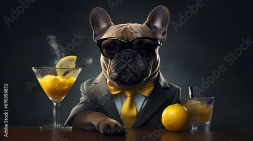 A dog appearing intoxicated while sipping a cocktail