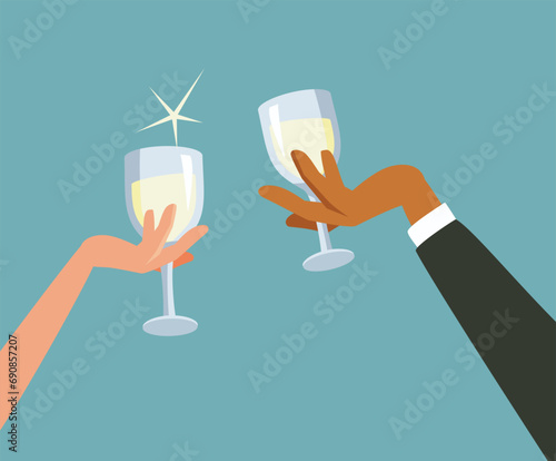 Hands Toasting Celebrating New Year Vector Background Design. Couple congratulating each other on their strong partnership
