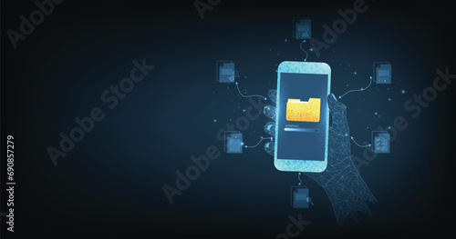 Document management and digital document paperless operation concept. Document management and Data transfer through cloud technology with modern internet technology on the dark blue background.