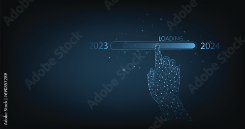Loading progress from 2023 to 2024. Hand touching on download bar status to change from 2023 to 2024 for the countdown of Happy New Year by technology concept.