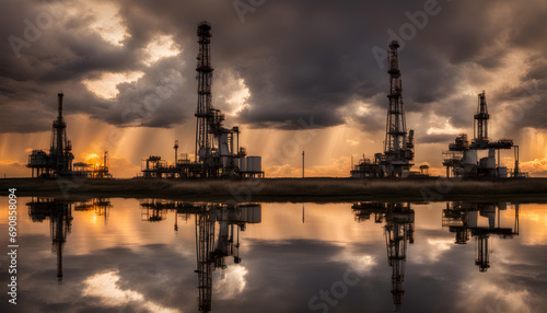 Operating oil wells profiled on sunset with storm clouds