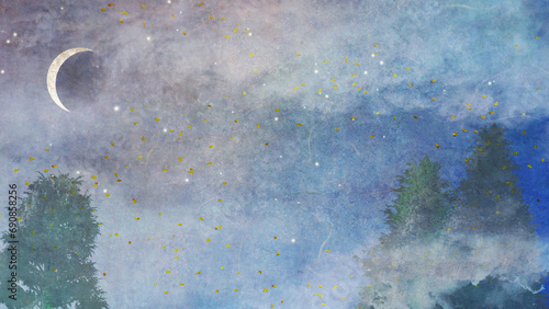 モミの木と三日月のある霧のクリスマス風景イラスト｜箔入り和紙テクスチャイラスト（ブルー）