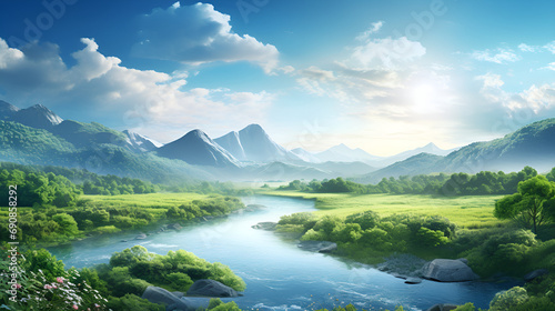 A digital painting of a landscape with a river and mountains in the background ValleyWalk StreamCrossing MountainAdventure 
