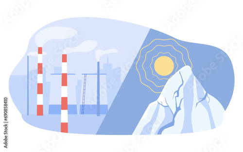 Factory pipes polluting air and sun shining, ice melting vector illustration. Reducing pollution accelerating global warming concept photo