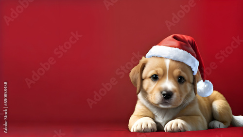 isolated cute puppy wear santa hat in red background with copy space ai generated